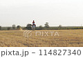 A woman in a red uniform walks on a white horse in a field of hay Moves towards the camera Wide shot 114827340