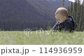 Baby boy playing outside on green grass in lush Canadian Nature. 114936959