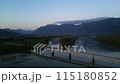 Scenic River, Bridge and Mountains at Sunset. Trees, Spring Season. Fraser Valley, British Columbia 115180852