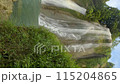 A waterfall with a green forest in the background. The water is clear and calm. The waterfall is surrounded by rocks and trees 115204865
