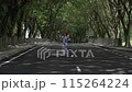 Asian woman in a colored stylish dress with turban walks and dance along the asphalt road under shady trees in the park. Portrait of a woman in motion between trees 115264224