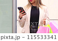Unrecognizable young woman with shopping bags,using an app on smartphone 115533341