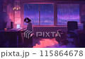 lofi young girl headphones sitting alone on the room feeling sad and lonely in the dark of night. illustration lofi hip hop music Atmospheric chill and relaxed. looping video animated. 115864678