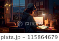 lofi young girl headphones sitting alone on the room feeling sad and lonely in the dark of night. illustration lofi hip hop music Atmospheric chill and relaxed. looping video animated. 115864679