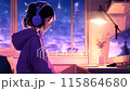 lofi young girl headphones sitting alone on the room feeling sad and lonely in the dark of night. illustration lofi hip hop music Atmospheric chill and relaxed. looping video animated. 115864680