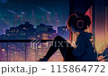 lofi young girl headphones sitting alone on the balcony feeling sad and lonely in the dark of night. illustration lofi hip hop music Atmospheric chill and relaxed. looping video animated. 115864772