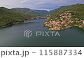 Aerial view of Cavado river and village in Peneda-Geres National Park 115887334