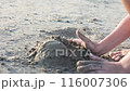 Close-up of a child's hands as they press and mold sand on a sunny beach, capturing a moment of playful creativity and the simple joys of childhood.Vacation concept. 116007306