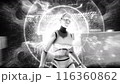 Surrounded by digital data, in black and white, we see a central 3D character of an AI bot with access to unlimited knowledge and data. 116360862