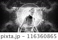 Surrounded by digital data, we see a central 3D character of an AI bot with access to unlimited knowledge and data. 116360865