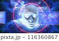 In a digital world of pulsating data we see a central 3D character of an AI assistant head with access to unlimited knowledge and data. 116360867