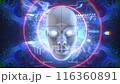 In a digital world of pulsating data we see a central 3D character of an AI assistant head with access to unlimited knowledge and data. 116360891