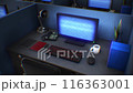 A looping sequence of endless office cubicles in a darkly lit environment. Representative of a liminal space. 116363001
