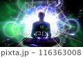 Meditating Man. A man sat in the yoga lotus position meditating, silhouetted by bright magical light and swirling energetic symbols. 116363008