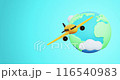 Cute 3d cartoon yellow plane flies around the planet Earth among the clouds on turquoise background. Planet slowly spinning. Concept of plane traveling. High quality 4k footage with red chromakey. 116540983