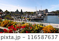 Victoria, British Columbia on beautiful summer day with flowers. Victoria inner Harbour and British Columbia Parliament Buildings, Vancouver Island, BC, Canada 116587637