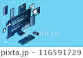 Isometric computer technology animation. Desktop computer platforms. Software programming coding concept. Code with computer monitor. 4K video animated in isometric style 116591729