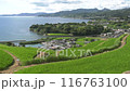 田園を走る列車と海のある風景 116763100