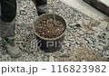 Builder mixing concrete in a black bucket, with the focus on the stirring action. The background consists of gravel, and the person is wearing work pants and sturdy work shoes, indicating a constructi 116823982