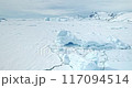 Antarctica majestic landscape drone view panorama. Breathtaking harmony of untouched nature. Desert white land of snow and ice aerial shot. Snow covered frozen polar blue ocean, icebergs, mountains 117094514