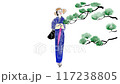 A woman in a kimono walking under a pine tree 117238805
