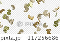 Shiny dollars, euros and pounds signs falling on transparent background. Seamless looping animation. 117256686