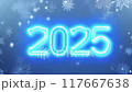 Neon blue "2025" with falling snowflakes 117667638