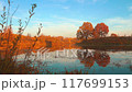 Beautiful sunrise over a autumn forest lake, calm water, small waves 117699153