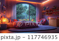 fantasy landscape Cozy kids Bedroom with forest view motion animation video background 117746935