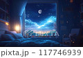fantasy landscape Cozy kids Bedroom with moonlight view motion animation video background 117746939