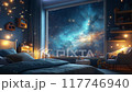 fantasy landscape Cozy kids Bedroom with space, Glowing galaxies and stars view motion animation video background 117746940