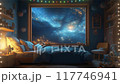 fantasy landscape Cozy kids Bedroom with space, Glowing galaxies and stars view motion animation video background 117746941