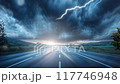 Straight asphalt country road with rain, storm, lightning and dark cloud motion animation video background  117746948
