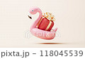 Loop animation of flamingo balloon swim ring and gift box, 3d rendering. 118045539