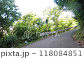 Climbing a narrow mountain pass surrounded by trees on both sides, safe driving, two-wheeled, two-speed 118084851