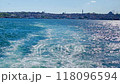 Istanbul city from sea. Wave trail from speed travel boat on blue sea. 4K video clip 118096594