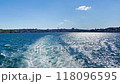 Istanbul city from sea. Wave trail from speed travel boat on blue sea. 4K video clip 118096595