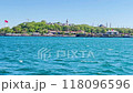 Istanbul city from sea. Wave trail from speed travel boat on blue sea. 4K video clip 118096596