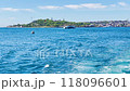 Istanbul city from sea. Wave trail from speed travel boat on blue sea. 4K video clip 118096601