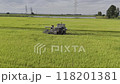 07,09,2024 Lopburi, Thailand, Thai farmers harvest their crops using a modified tractor equipped with rice harvesting machinery in a rice field in Thailand. 118201381