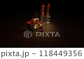 Oil fefinery complex plant at night. A low polygon 3D rendered scene on a dark night background. Two distillery towers and the fuel tank behind it with metal pipes. Oil, gas and energy industry asset 118449356