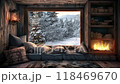 Cozy interior view with pillows and fireplace, looking out through window to snowy winter forest. Seamless Looping animation. 118469670
