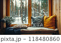 Looped animation of snowfall outside the window. A cozy place to read and relax. Festive winter atmosphere. 4k video 118480860