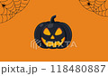 Black Halloween pumpkin animation with glowing face, spiderwebs on orange background, spooky holiday footage. 4k 118480887