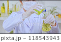 Video of modern laboratory experiment with image of scientist pouring liquid into a jar containing rosemary branch for experiment and observation. Surrounded by experimental tools and materials. 118543943