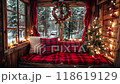 Looped animation of Christmas lights and snow outside the window. Cozy interior of a holiday winter house. Video 4K. 118619129