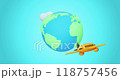 3d yellow plane flies around the planet Earth among the clouds on turquoise background. Earth slowly rotates around its axis. Concept of traveling. Looped high quality 4k footage with alpha channel. 118757456