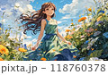 A girl in a green dress walks joyfully through a vibrant flower field under a blue sky during a sunny afternoon 118760378