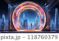 Explore a futuristic cityscape with glowing portals and towering skyscrapers in a stunning digital realm 118760379