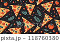 Discover delicious pepperoni pizza patterns and vibrant tomatoes in a colorful kitchen backdrop 118760380